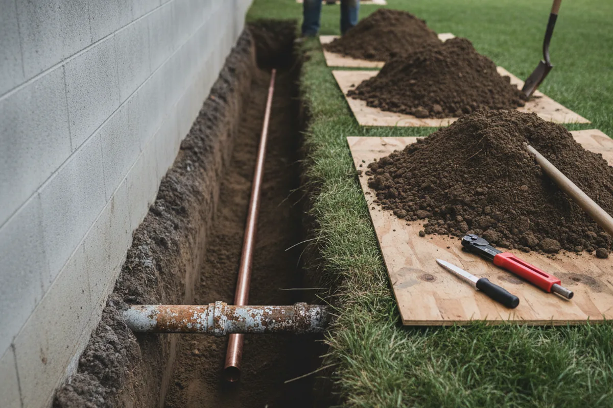 Excavated water line trench during Water Softener Installation in Acton